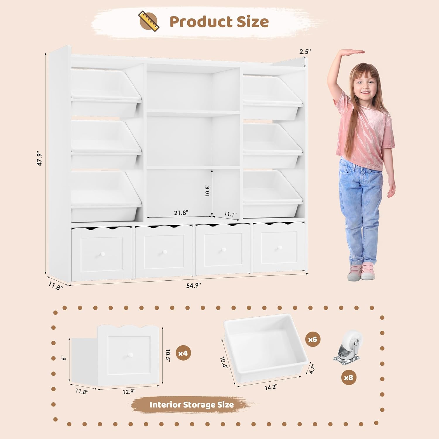 HITHOS 55" W Kids Toy Storage Organizer, Large Toy Box with Bookshelf, Toy Chest with 3 Cubes Storage Organizer, 6 Toy Organizers and Storage Bins, 4 Rolling Drawers for Kids Room, Playroom, White