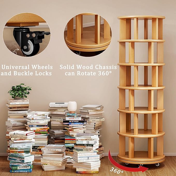 Wood Rotating Bookshelf on Wheels, 360-Degree Space Saving Bookcase, Large Capacity Spinning Bookshelf Tower for Living Room,Bedroom and Corners (Nature-6 Layers)