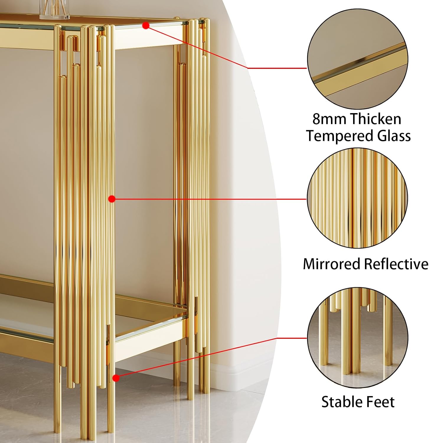 55” Rectangle Glass Console Table, 2-Tier Sofa Table with Clear Tempered Glass Top Golden Mirrored Stainless Steel Legs, Modern Luxury Narrow Entryway Table with Lower Shelf for Living Room