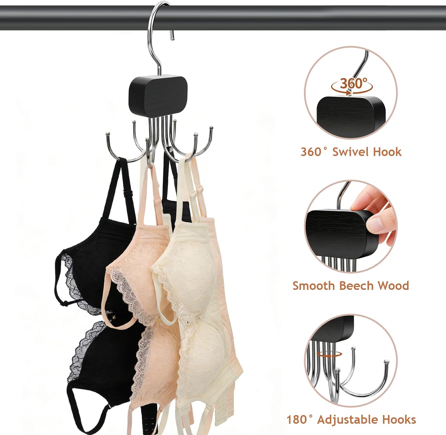 Belt Hanger for Closet, 3 Pack Belt Organizer for Closet Space Saving & Storage, 360° Rotatable & Foldable Hooks, Large Capacity Holder Rack for Tie, Tank Top, Bra, Purse, Hat (Black)