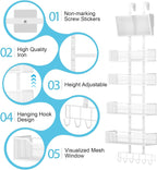 Adjustable Over The Door Organizer, Hanging Door Storage with PVC Pocket and 4 Metal Baskets Wall Mount, Closet Door Organizer Behind Door Rack for Bathroom Bedroom Closet, White