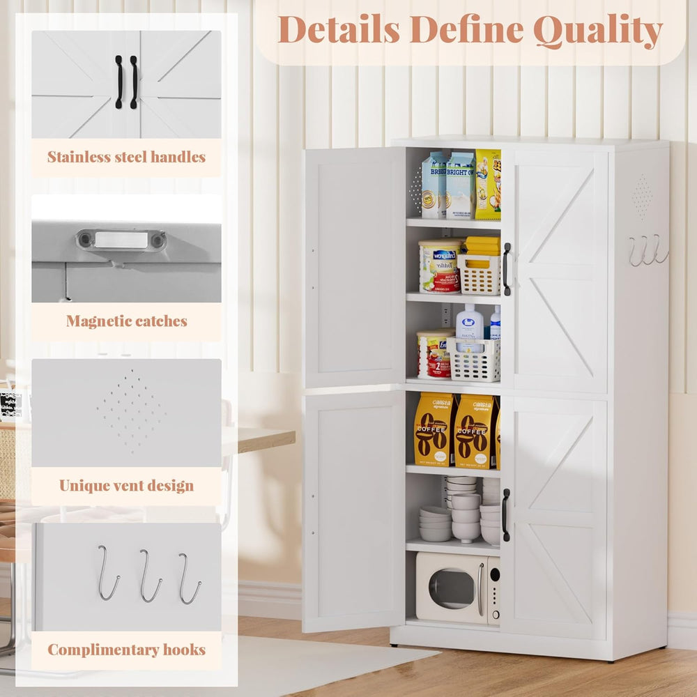 White Steel Kitchen Pantry Storage Cabinet with Barn Doors and Adjustable She...