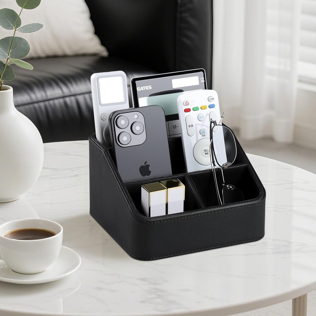 Remote Control Holder, PU Leather Small Desk Organizer with 4 Compartments, Nightstand Organizer Desk Caddy for Remote, Notepad, Phone, Glasses, and Accessories (Black)