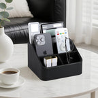 Remote Control Holder, PU Leather Small Desk Organizer with 4 Compartments, Nightstand Organizer Desk Caddy for Remote, Notepad, Phone, Glasses, and Accessories (Black)