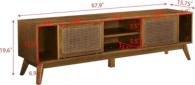 Ball & Cast 68" Mid Century Modern TV Stand for TVs up to 75", Media Console with Rattan Sliding Doors, Open Shelves & Solid Wood Legs, Entertainment Center for Living Room,Bedroom,Light Walnut