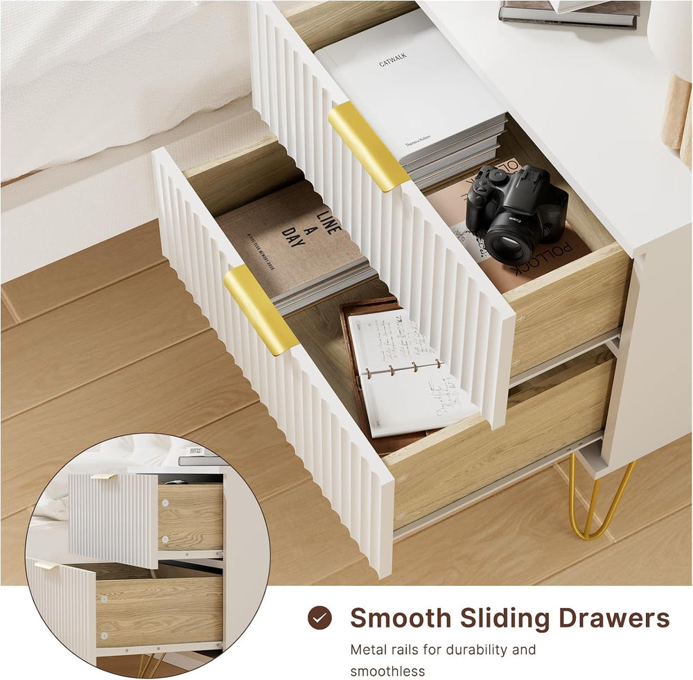 White Nightstand Set of 2, Modern Night Stand Bedside Table with 2 Storage Dr...