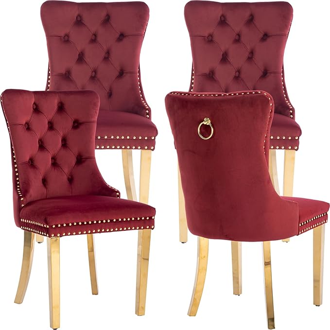 Mid Century Modern Dining Chairs Set of 4, Velvet Upholstered Tufted Back, Kitchen & Dining Room Chairs, Gold Metal Legs, Nailhead Trim, Sillas para Comedor (Red, 4 Pcs)