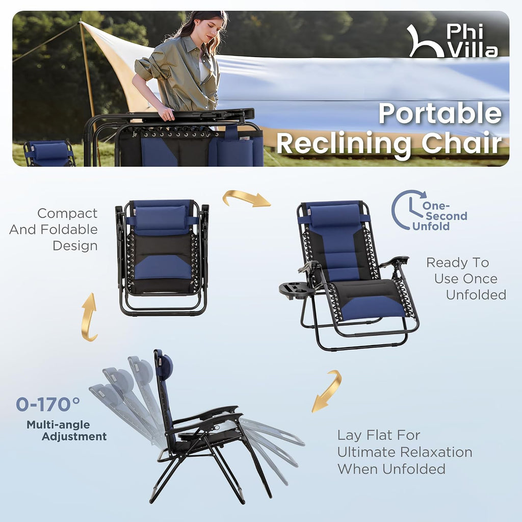 PHI VILLA Zero Gravity Chair Set of 2, Padded Anti Gravity Recliner, Oversized 28" Wide Seat, Foldable Patio Lounger with Armrest & Cup Holder, Supports 400 LBS (Blue Black)