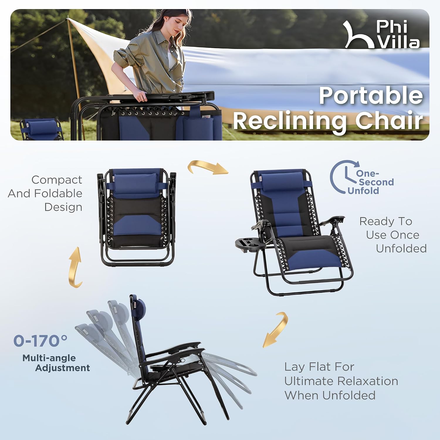 PHI VILLA Zero Gravity Chair Set of 2, Padded Anti Gravity Recliner, Oversized 28" Wide Seat, Foldable Patio Lounger with Armrest & Cup Holder, Supports 400 LBS (Blue Black)