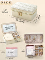 Velvet Travel Jewelry Box with Large Mirror, Double-Layer Jewelry Organizer Case for Women and Girls, Portable Storage Case with 6 Anti-Tarnish Bags Gift Ready for Her (Beige)