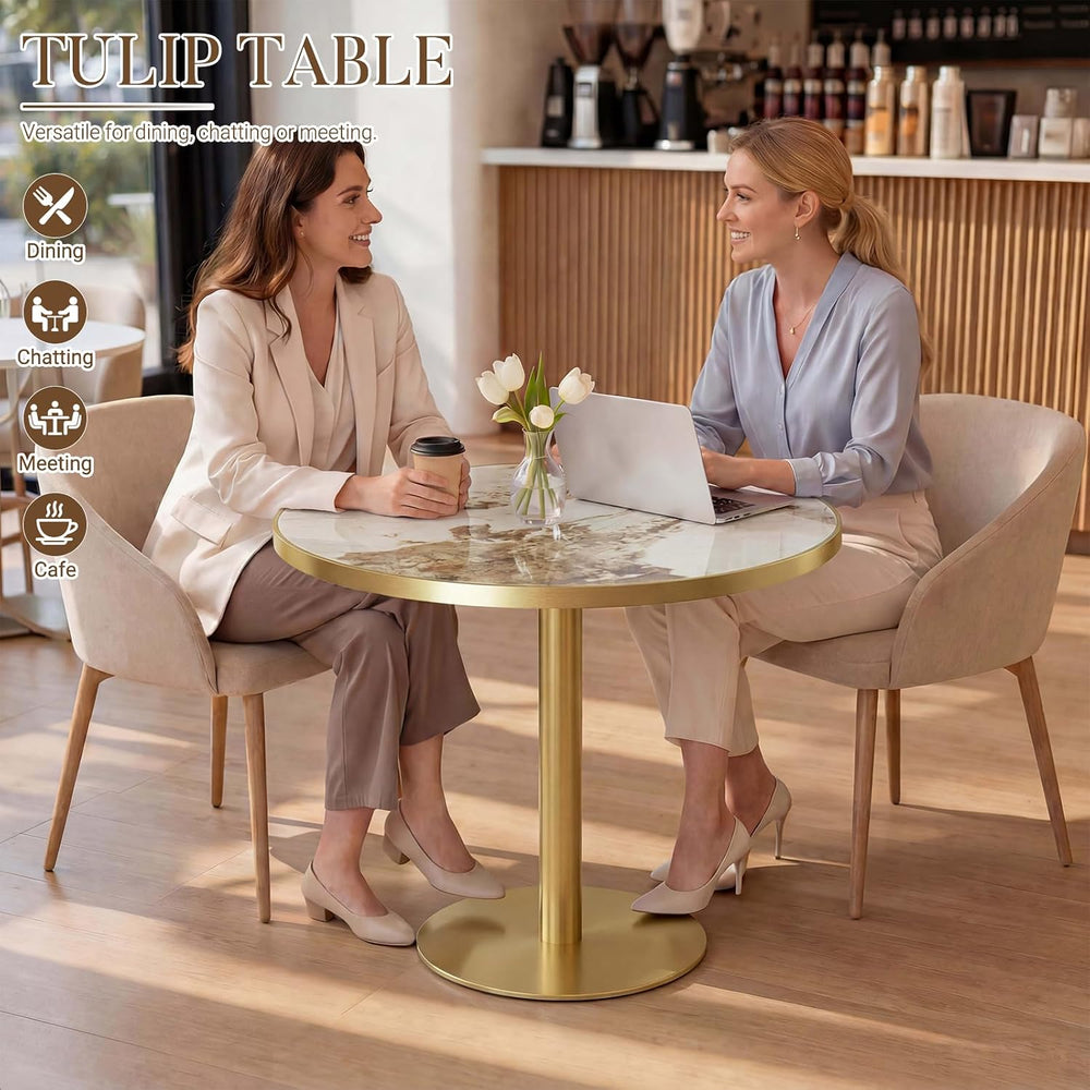 31.5" Tulip Table with Sintered Stone Tabletop and Golden Metal Pedestal...