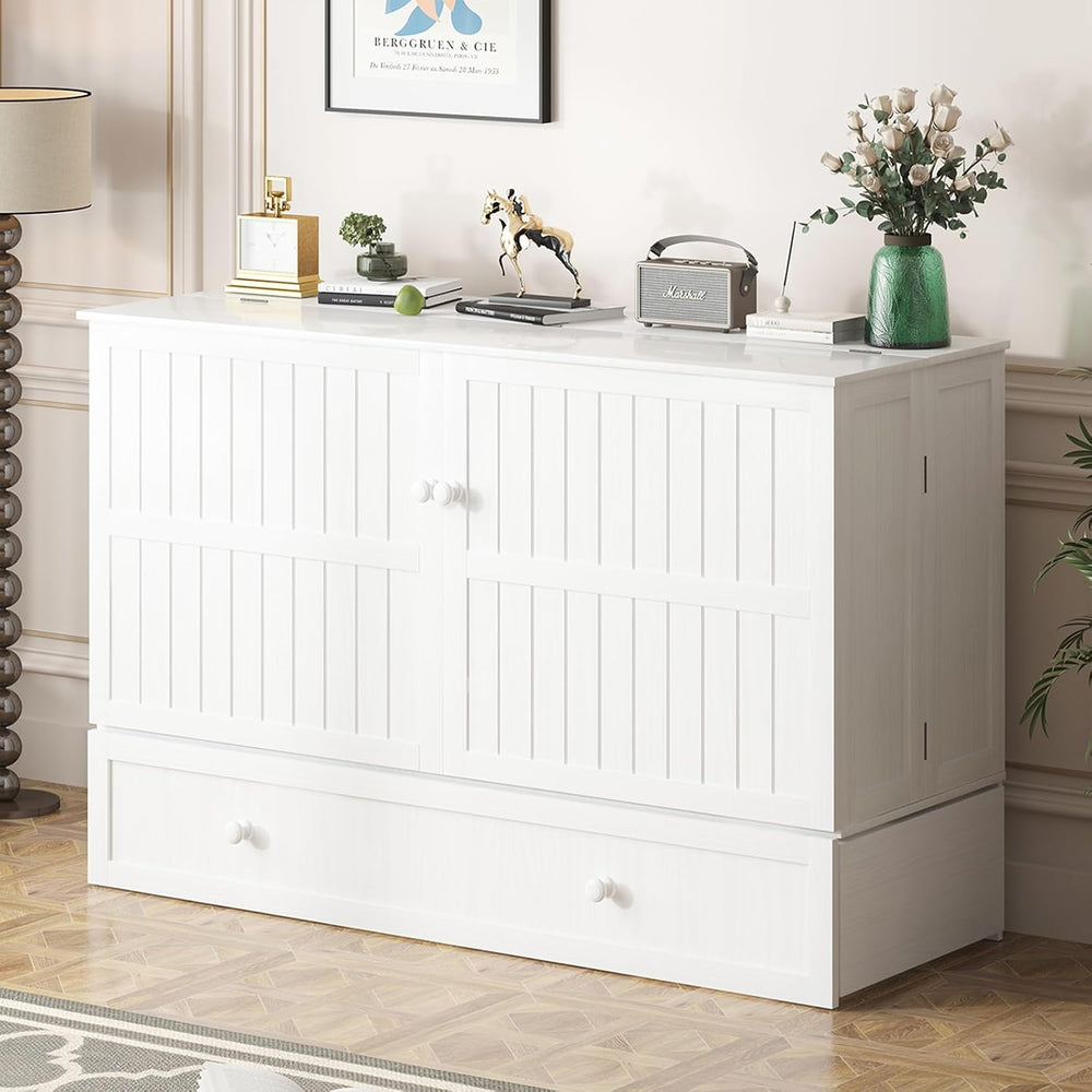BALUS Queen Murphy Bed, Cabinet Murphy Bed with Large Storage Drawer-White | ...