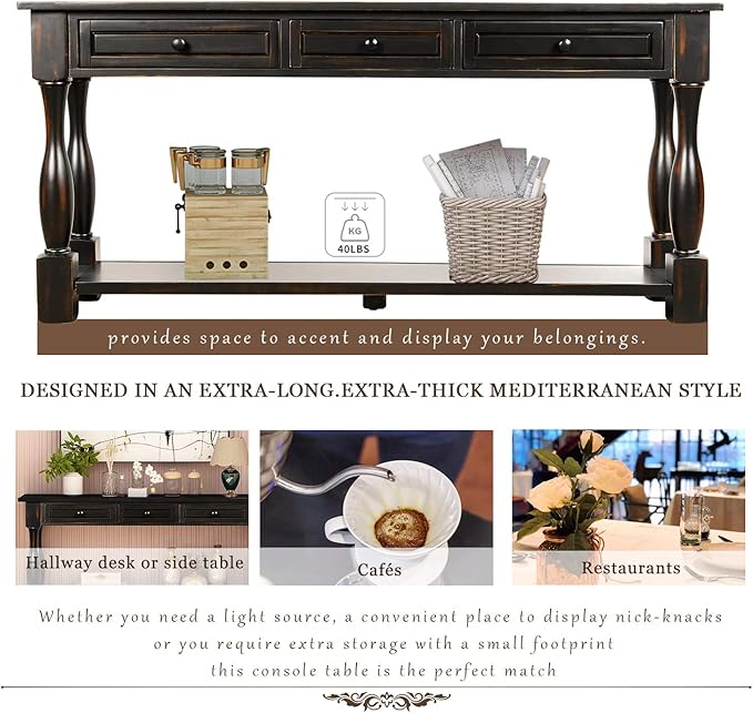 Merax Wood Farmhouse Entry Way Hallway Table with Drawers and Bottom Shelf Narrow Long Sideboard for Living Room (Distressed Black)