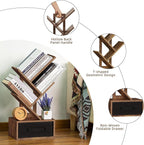 Small Bookshelf with Drawer,4 Tier Tree Book Shelf,Wood Desk Bookshelves,Modern Free Standing Desktop Display Shelves,Brown Floor Standing Organizer Bookcase for Living Room,Bedroom,Office
