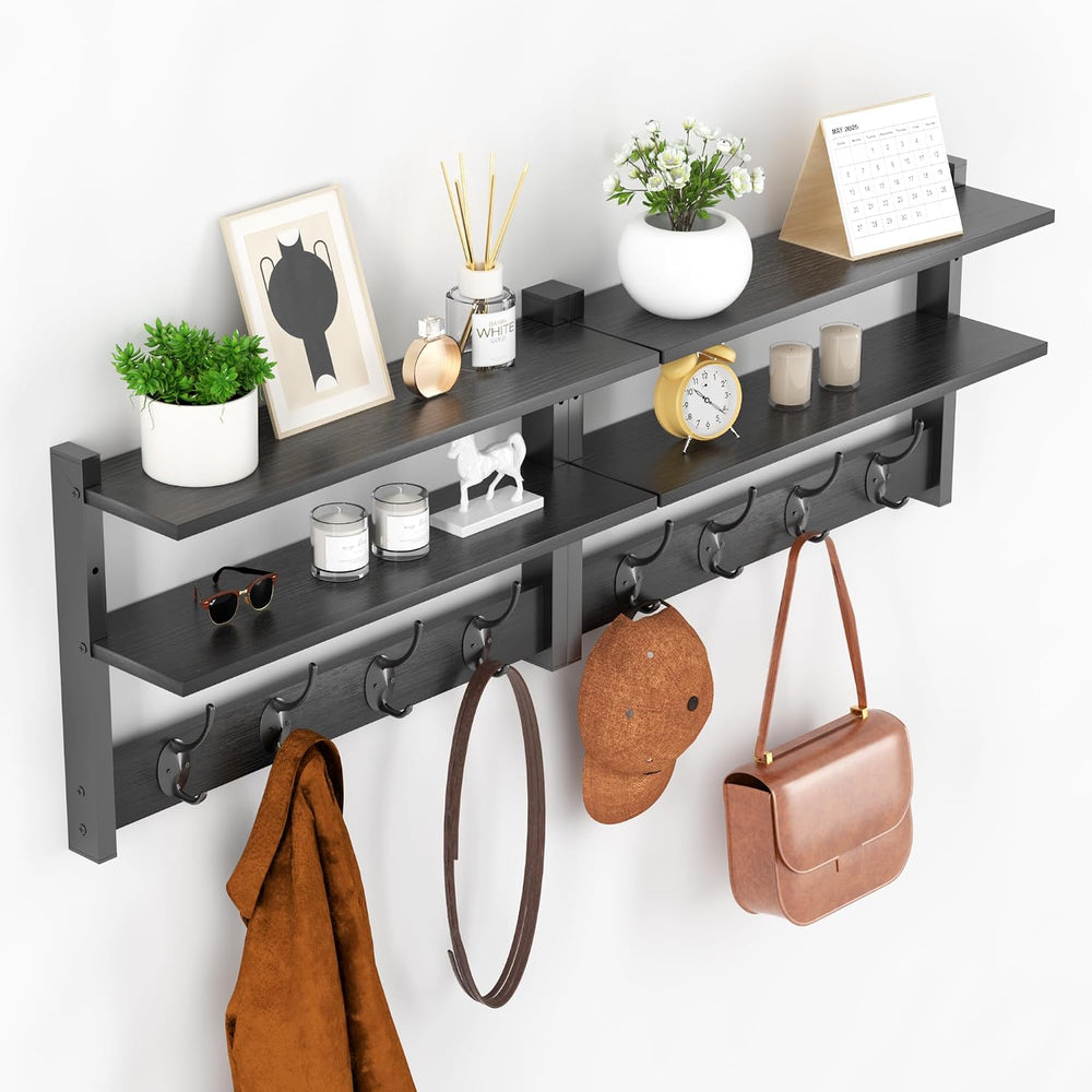 2 Tier Coat Rack Wall Mount with Shelf, 33" Wall Shelf with Hooks, Entry...