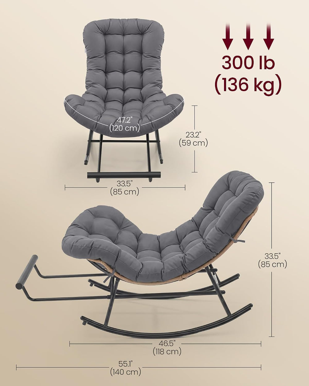 VASAGLE Papasan Chair, Outdoor Rocking Chair, Outdoor Furniture, Steel Frame,...