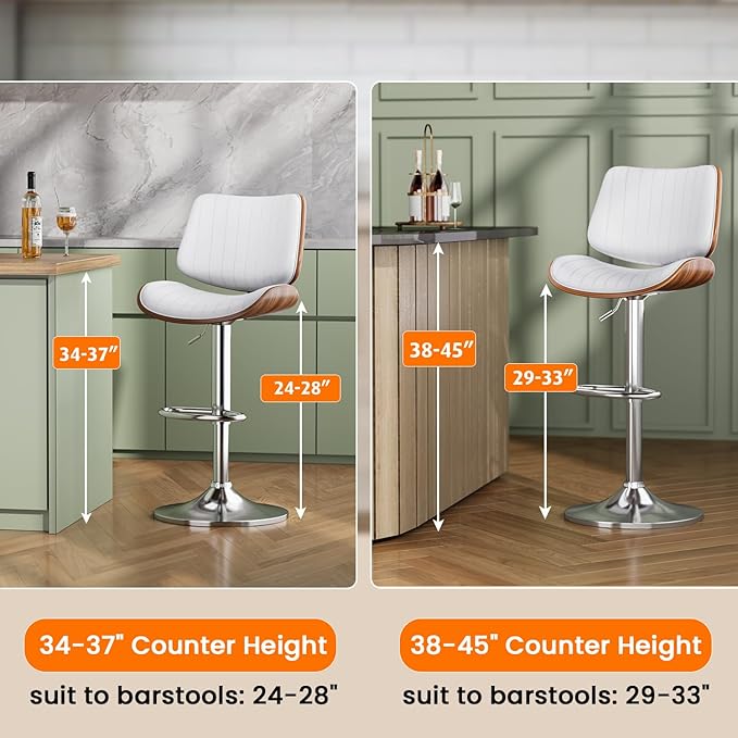 Swivel Bar Stools Set of 3, Adjustable Bentwood Barstools for Kitchen Counter, Modern PU Leather Upholstered Bar Chair with Back and Footrest, for Kitchen Island, Bar, Dining Room, White