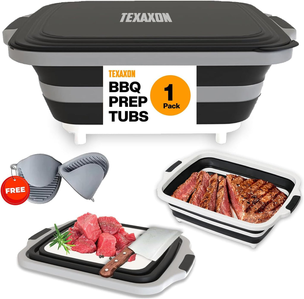 8L/16L BBQ Prep Tub with Cutting Board, Lid & Complimentary Mitts/Gloves – Collapsible Bucket for BBQ, Marinade, Picnic, Camping, Meat Prep – Orange/Black (Black, X-Large)