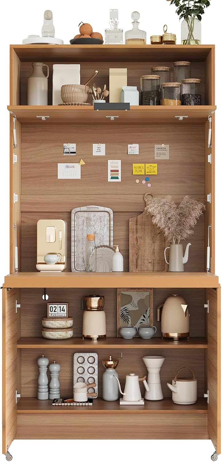 Farmhouse Pantry Cabinet with Foldable Workstation, 69" Tall Buffet with...
