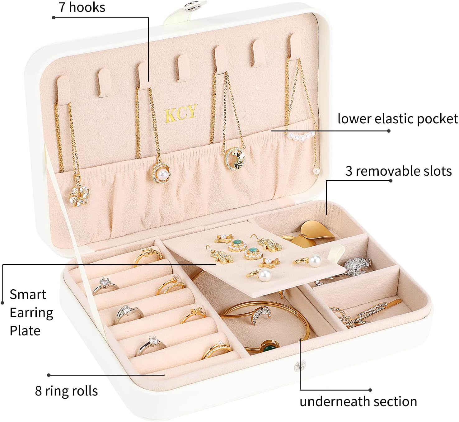 KCY Jewelry Box for Women Girls,Small Travel Jewelry Organizer Case,PU Leather Portable Jewellery Storage Boxes Display Holder for Ring Earrings Necklace Bracelet Bangle, Men Teen Kids Gift, White