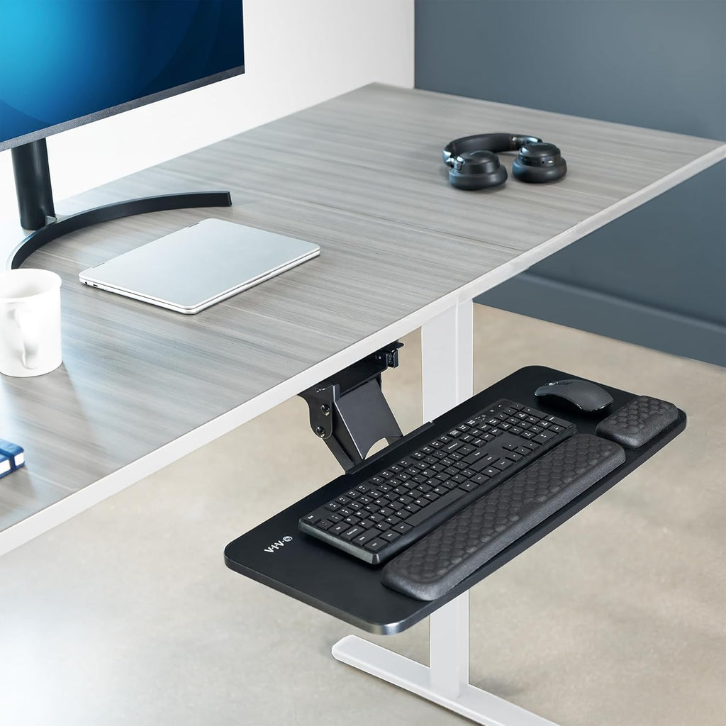 VIVO Premium Adjustable 27 x 11 inch Computer Keyboard and Mouse Platform Tray, Ergonomic Under Table Desk Mount Drawer with Padding, Black, MOUNT-KB27P-B