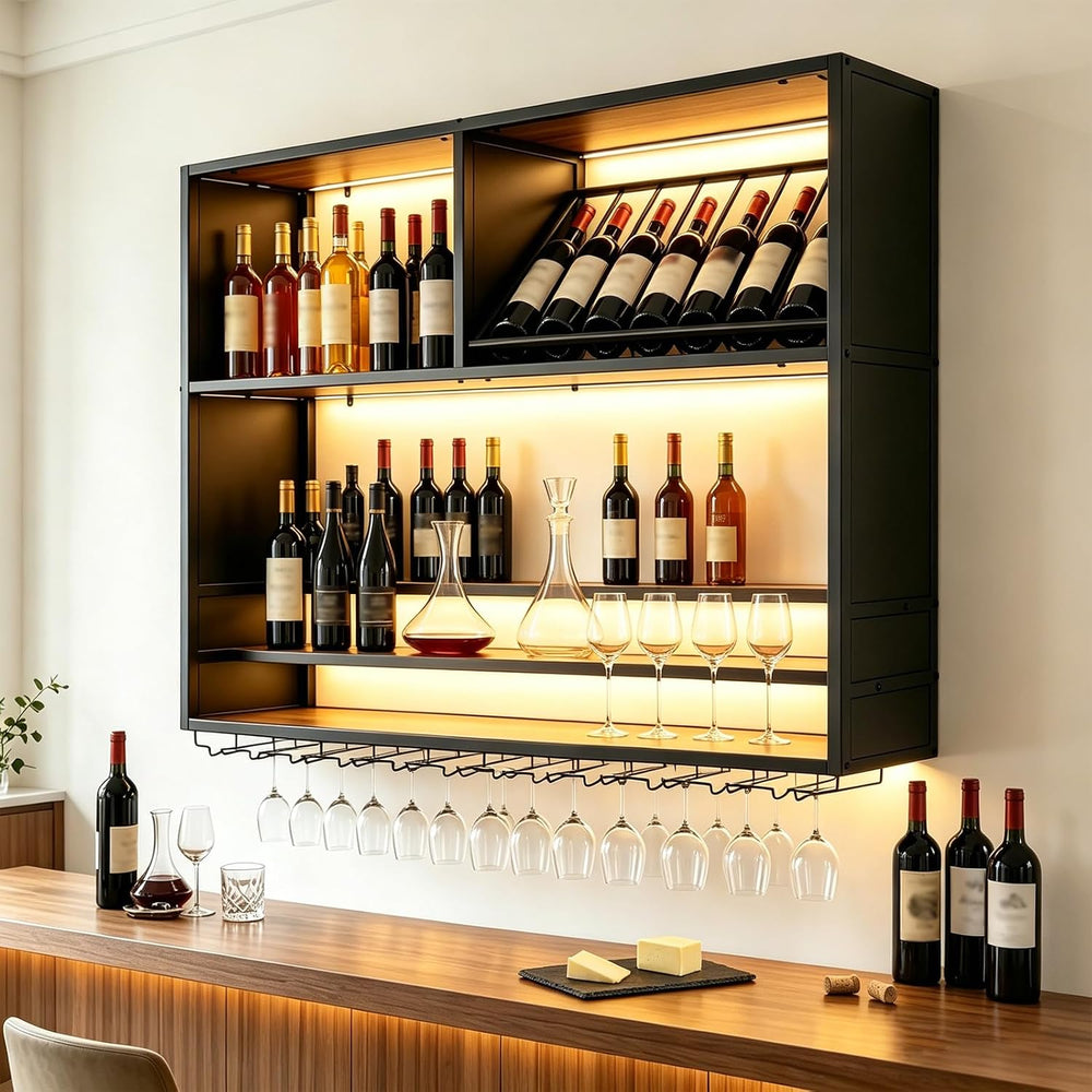 55in Large Wall Mounted Wine Rack with LED Light, 4 Tier Iron Liquor Bottle D...