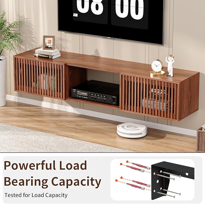 HOMMPA Floating TV Stand Wall Mounted for TVs 55'' to 80'', Floating Entertainment Center with Slatted Door Design, Mid Century Wall Mounted TV Stand for Livingroom, Walnut