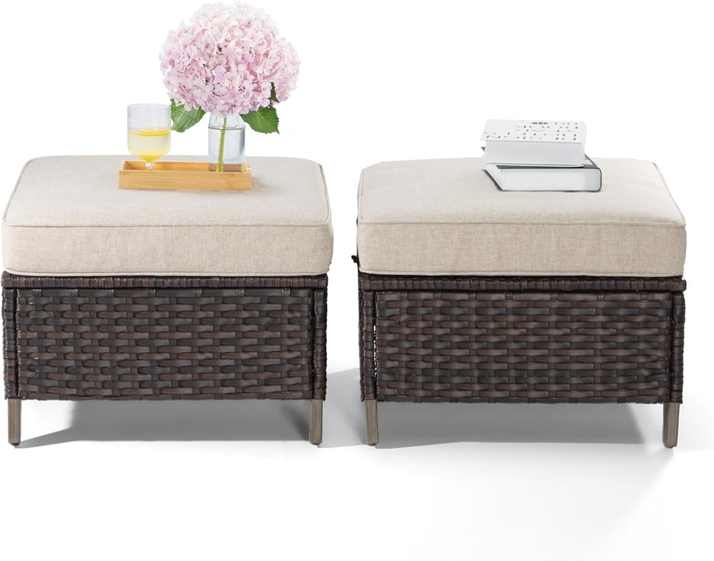 Joyside Patio Ottoman Set of 2, All Weather Outdoor Rattan Ottomans Patio Foo...