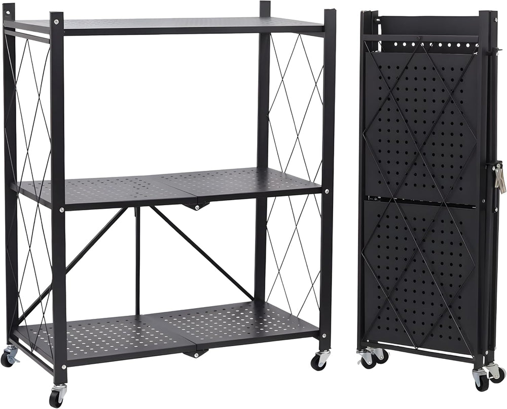COKIHOM 3-Tier Folding Shelf, No Assembly Metal Shelving Unit with Wheels, He...