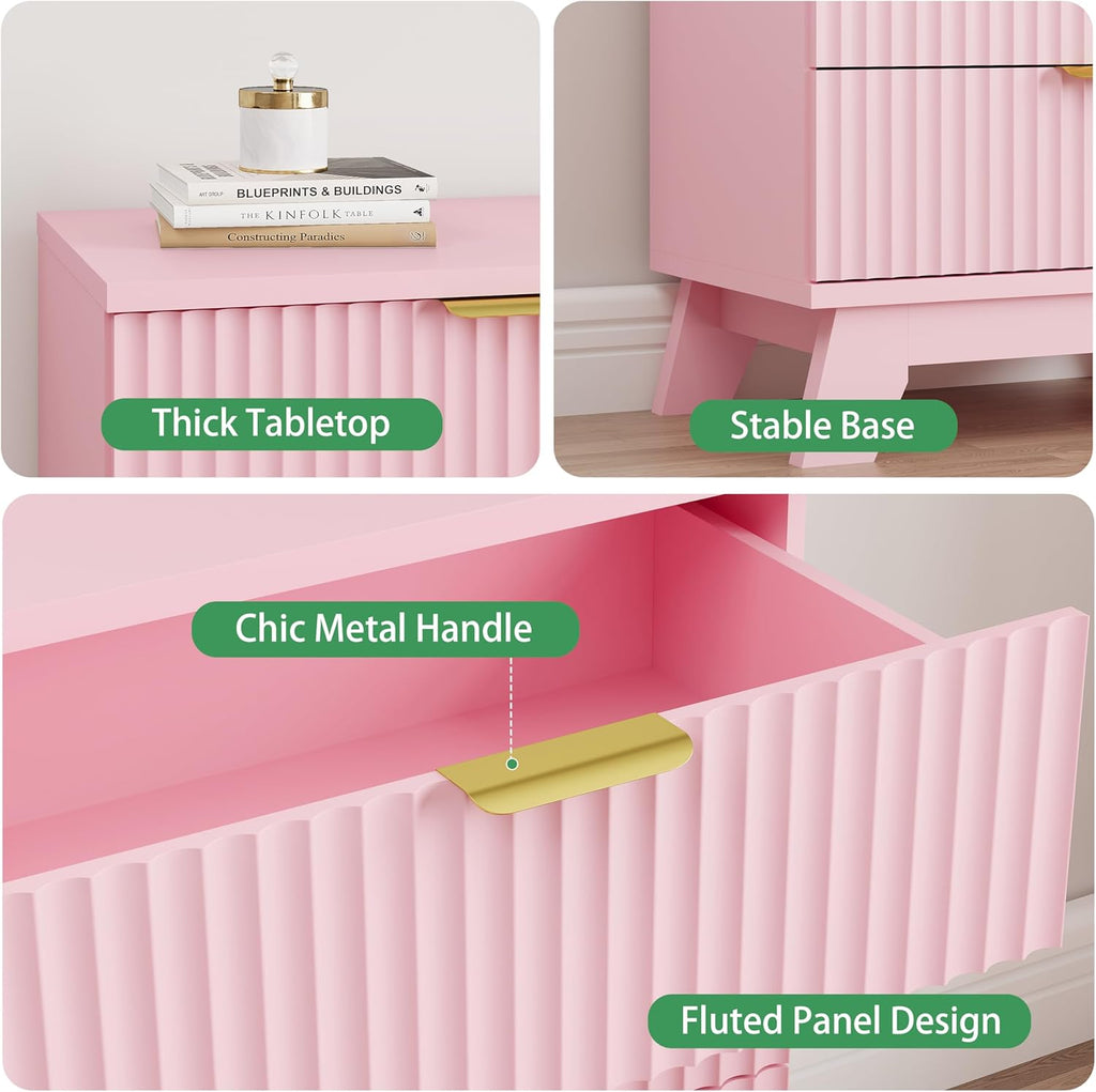Fluted Nightstand, 24" Wide Side Table with 3 Large Storage Drawers, Mid Century Modern Wood Night Stand with Metal Handle, Wooden Bedside End Table for Bedroom, Living Room, Closet, Pink