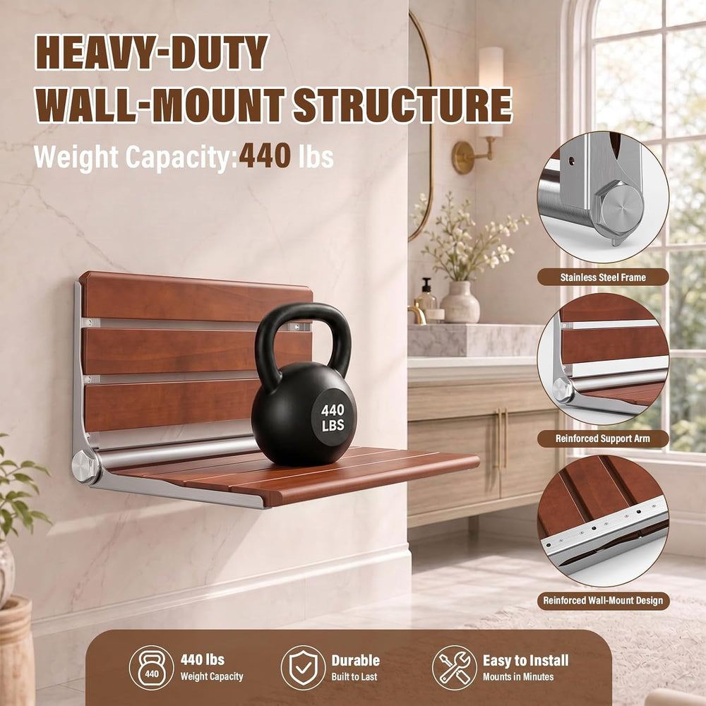 17" Folding Shower Seat Wall Mounted, Foldable Teak Shower Bench, Max 440lb