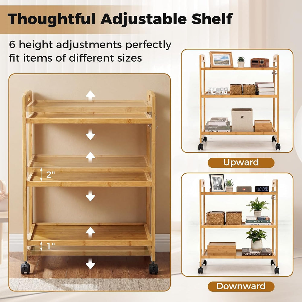 3 Tier Rolling Cart, Bamboo Storage Cart on Wheels with 3 Side Hooks & Ad...