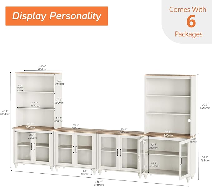 WAMPAT Entertainment Center with Bookshelves for TVs up to 75", Farmhouse Wall Unit TV Stand with Glass Doors, Media Console Table for Living Room, Bedroom & Home Theater, White