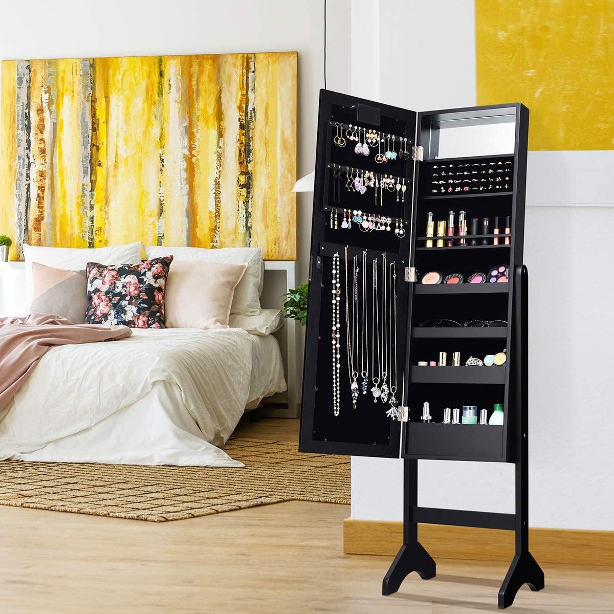 Giantex Standing Jewelry Armoire with 18 LED Lights Around the Door, Large Storage Mirrored Jewelry Cabinet with Full Length Mirror, 16 Lipstick Holders, 1 Inside Makeup Mirror (Black)