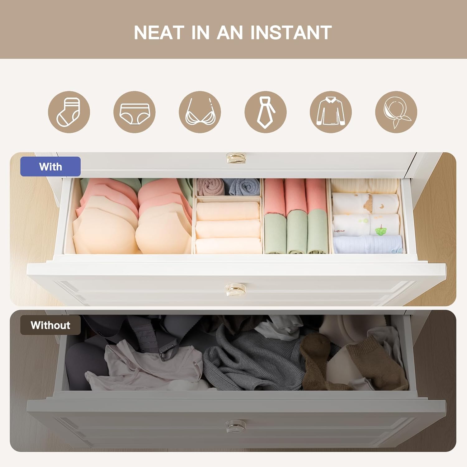 Criusia Drawer Organizer Clothes, 21 Pack Dresser Organizer for Baby Clothes, Underwear, Sock - Foldable Closet Organization and Storage Dividers Bins for Nursery, Bedroom (Beige)