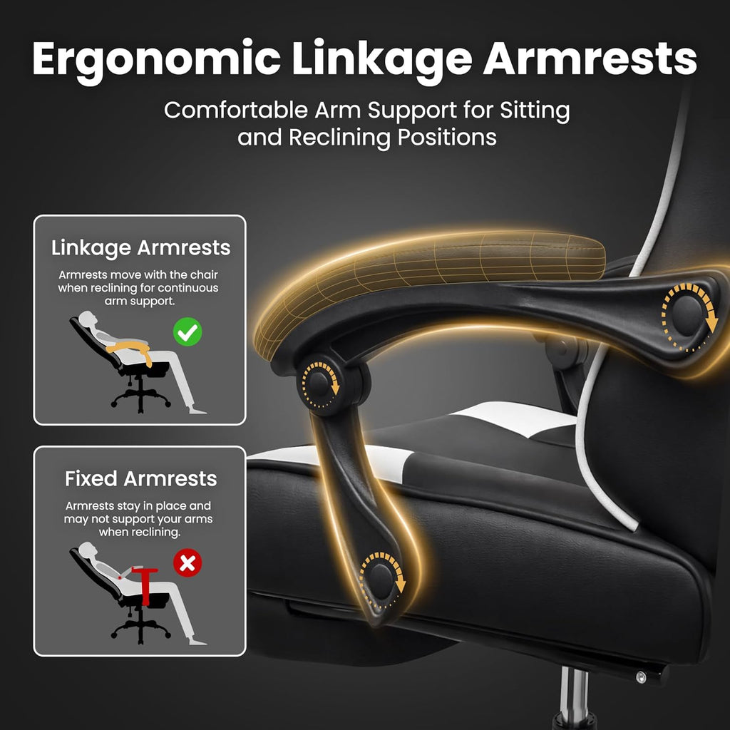 Gaming Chair Gamer Game Ergonomic with Footstool Lumbar Support Deep Black | Headrest, Height and Backrest Adjustable, Deep Black Leather, 210 KG Heavy Duty Load Capacity 52cm Wingless Cushion