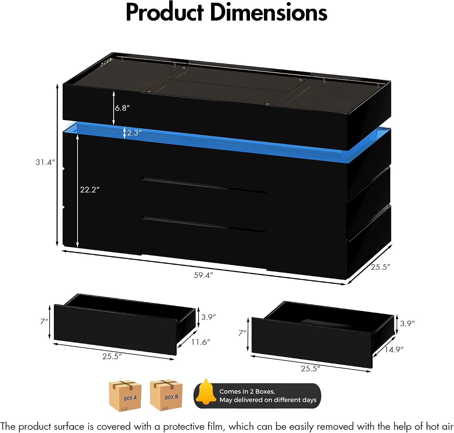 Luxury Glossy Closet Island with 16 Drawers, Modern Glass Top Wardrobe Armoire Island, LED Walk-in Closet Island for for Dressing Room Cloakroom (Black)