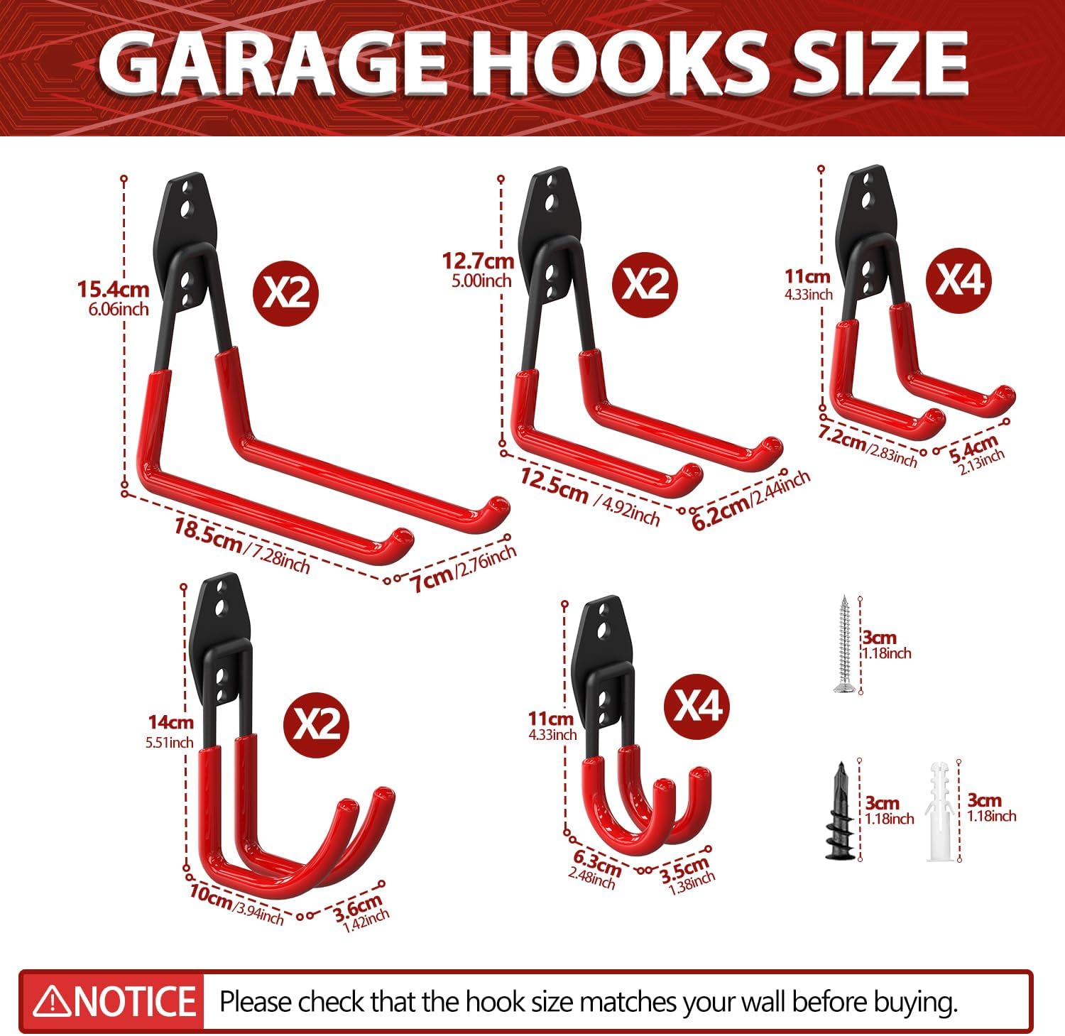 3-H Garage Wall Hooks 45 Pack, Garage Hooks Heavy Duty with Extra Welding Spots, Garage Organizer for Garden, Lawn, Chairs, Ladders, WeedEater, Shovel (Red)