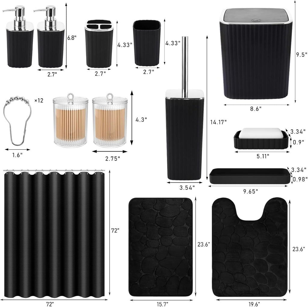 Bathroom Accessories Set - 25PC Black Bathroom Set, Bathroom Set with Shower Curtain and Rugs, Black Shower Curtain Set & Bathroom Rugs