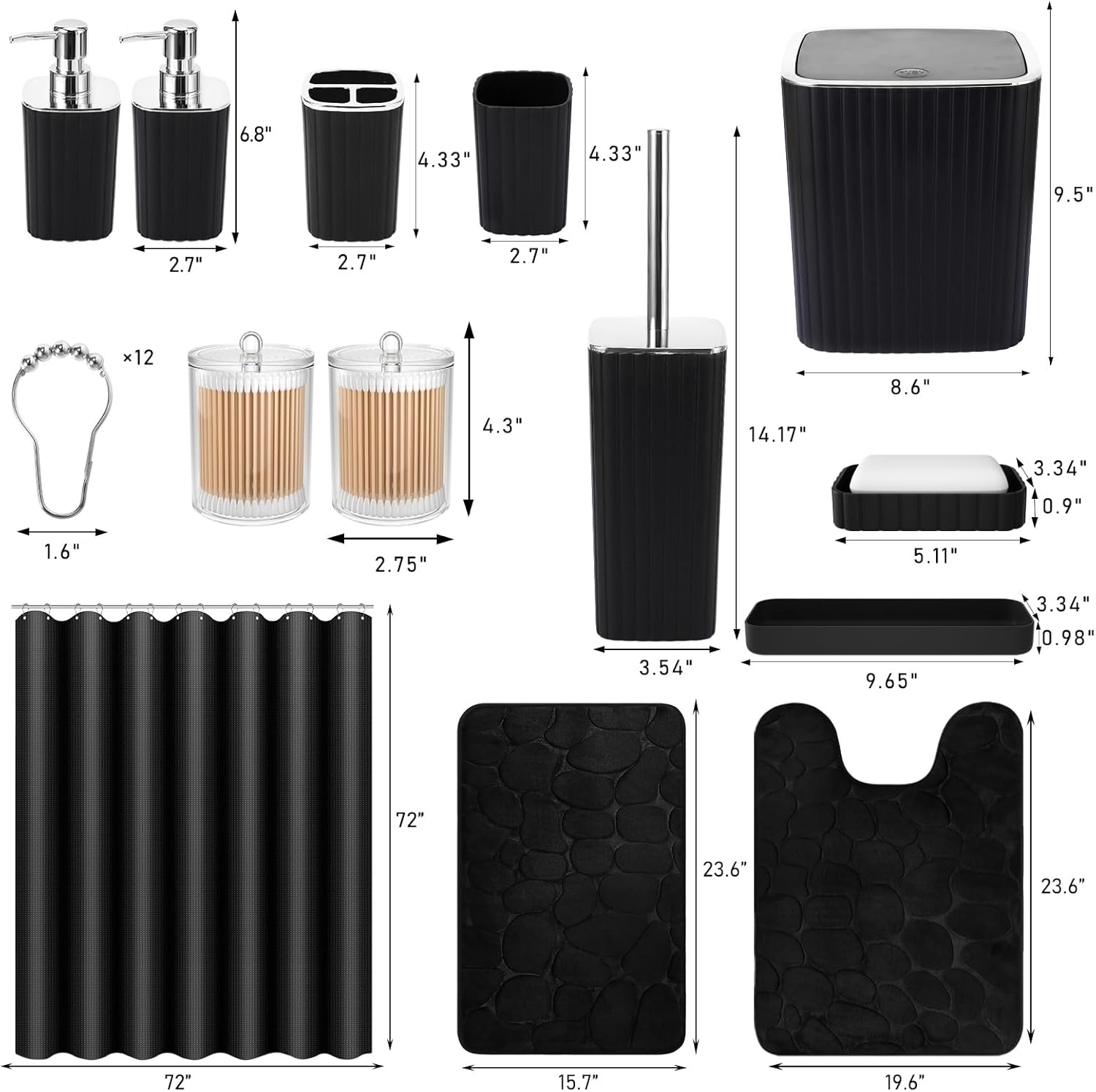 Bathroom Accessories Set - 25PC Black Bathroom Set, Bathroom Set with Shower Curtain and Rugs, Black Shower Curtain Set & Bathroom Rugs