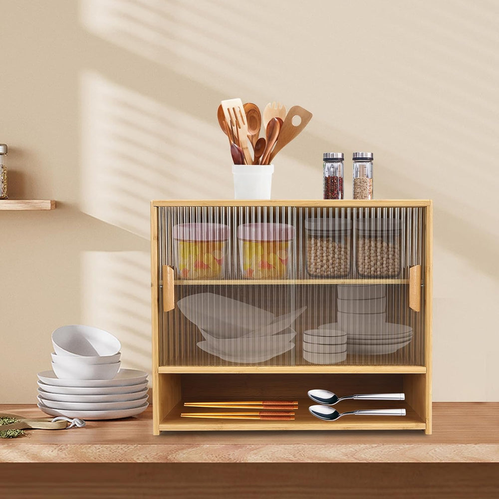 3 Tier Small Bamboo Pantry, Freestanding Dining Cupboard Kitchen Sideboard Co...