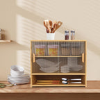 3 Tier Small Bamboo Pantry, Freestanding Dining Cupboard Kitchen Sideboard Countertop Storage Cabinet with 2 Sliding Striped Glass Doors for Spice Seasoning Bottles, Dish, Bowl (Log-Colored)