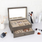 Meangood Jewelry Box Organizer for Women, 2 Layer Large Jewelry Storage Case, Rustic Wooden Jewelry Box with Mirror & Ring Tray for Necklace Earring Bracelets Rings, Vintage Style (Weathered Grey)