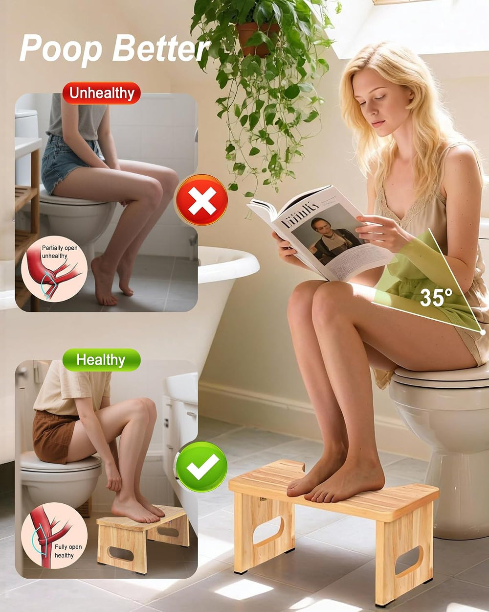 Foldable Toilet Stool, 7 Inch Poop Stool for Bathroom, Bamboo Toilet Potty Sq...