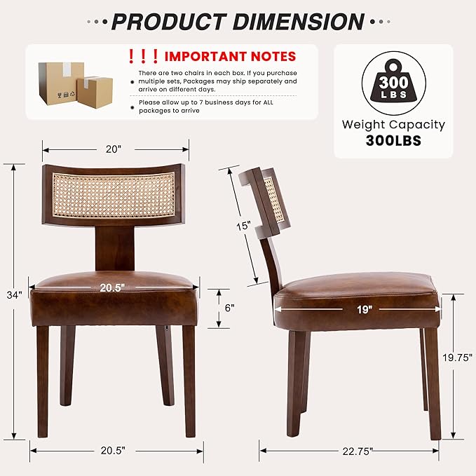 HNY Mid Century Modern Rattan Dining Chairs Set of 6, Farmhouse PU Leather Up...