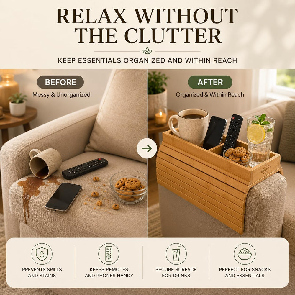 Bamboo Sofa Armrest Tray - Foldable Couch Arm Tray with Cup Holder - 2 in 1 A...