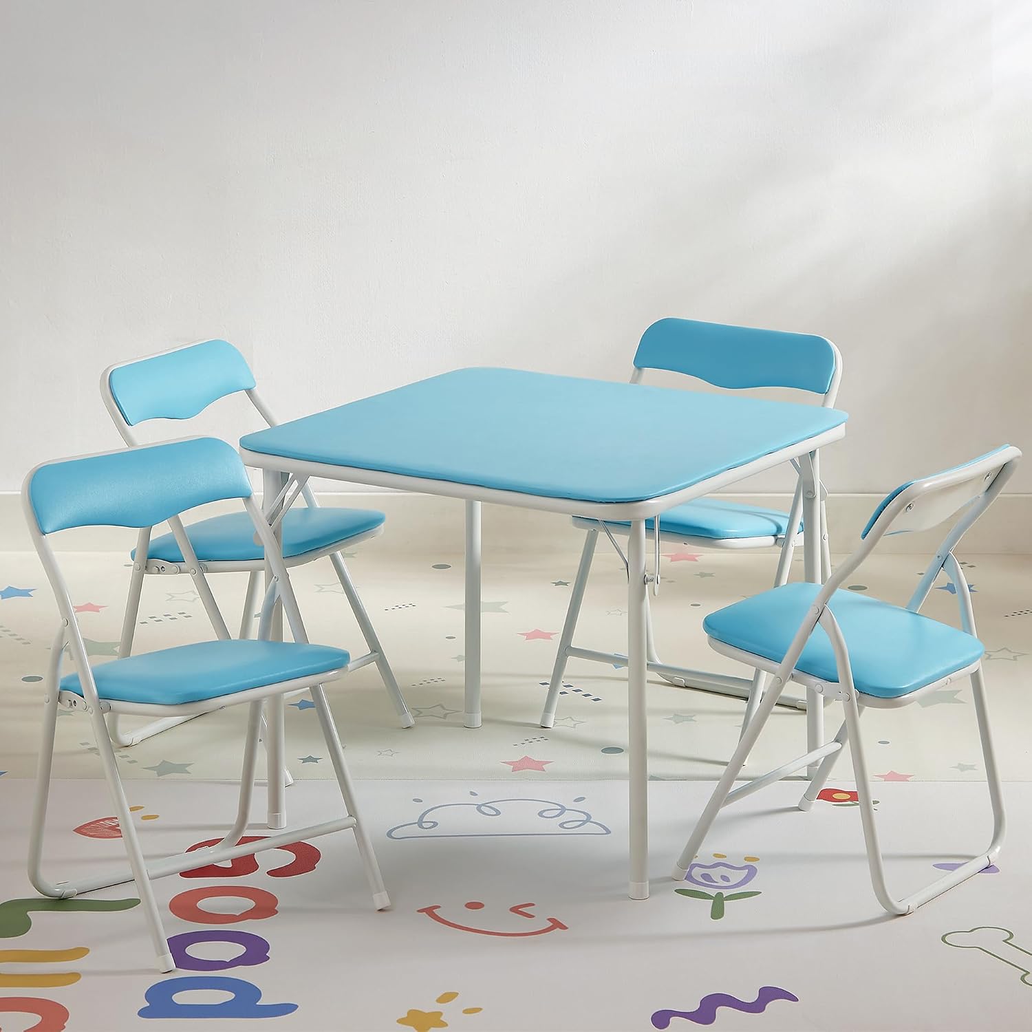 VECELO Kids Folding Activity Table and Chairs 5 Pcs Set, Portable, with Ultra Soft Padded Cushion, Light Blue
