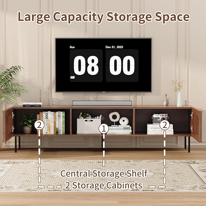 HOMMPA 70 Inch TV Stand for TVs Up to 80'', Mid Century TV Stand with Slatted Door Design, Modern Media Console with Storage Cabinet & Drawer, Entertainment Center for Livingroom, Walnut