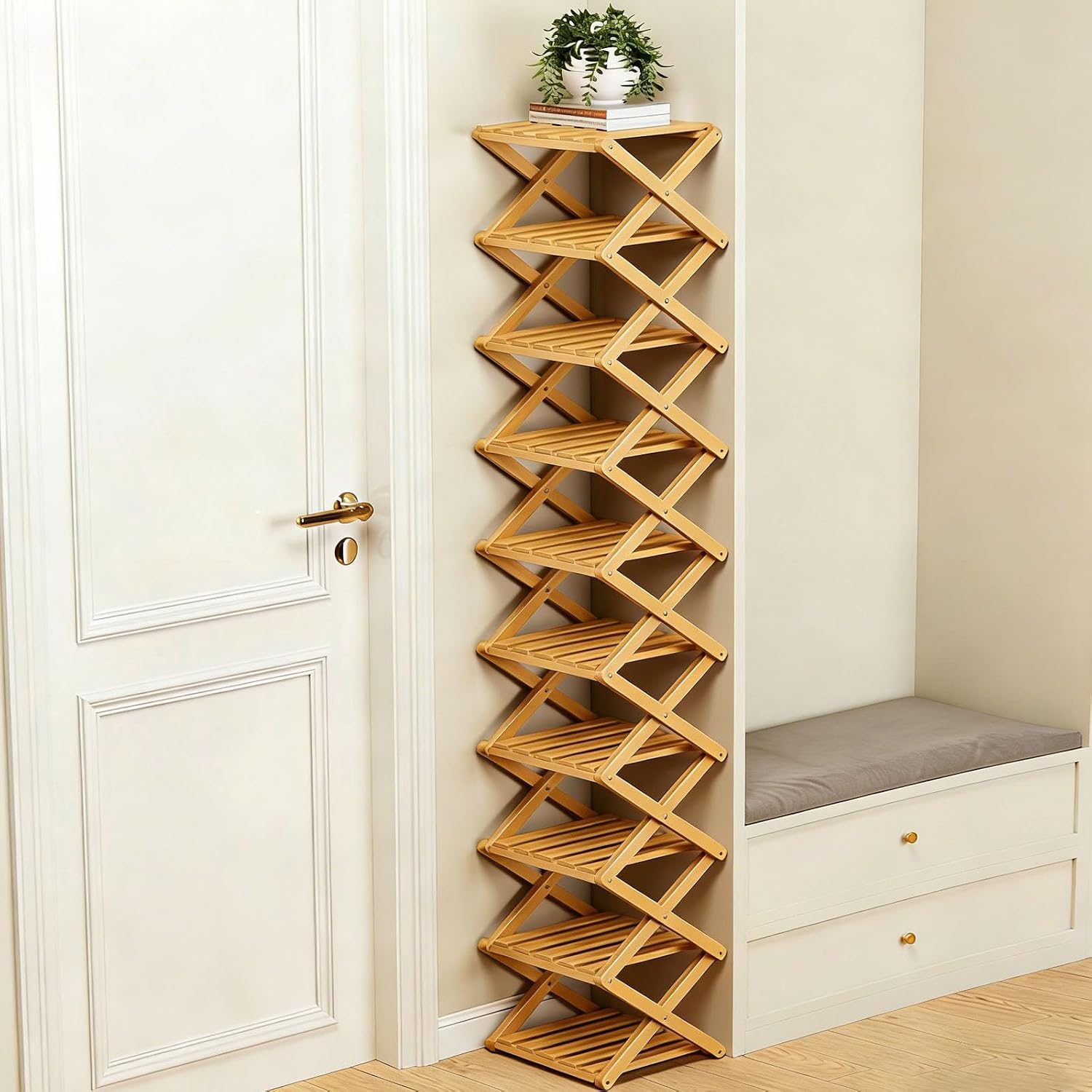 2-10 Tiers No-Assembly Bamboo Rack, No-Tool Assembly, Foldable Storage Shelf, Vertical Shoe Organizer for Small Spaces, The 9-Tier No-Assembly Bamboo Rack (Natural,10 Tier)