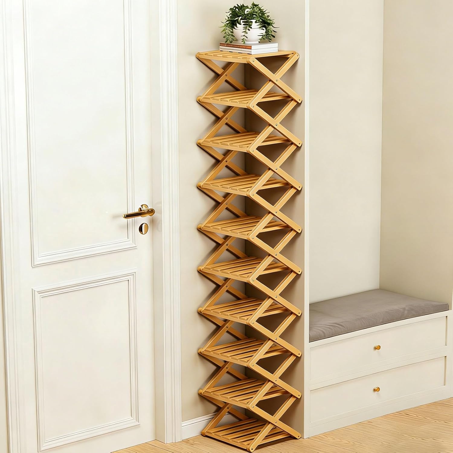 2-10 Tiers No-Assembly Bamboo Rack, No-Tool Assembly, Foldable Storage Shelf, Vertical Shoe Organizer for Small Spaces, The 9-Tier No-Assembly Bamboo Rack (Natural,9 Tier)